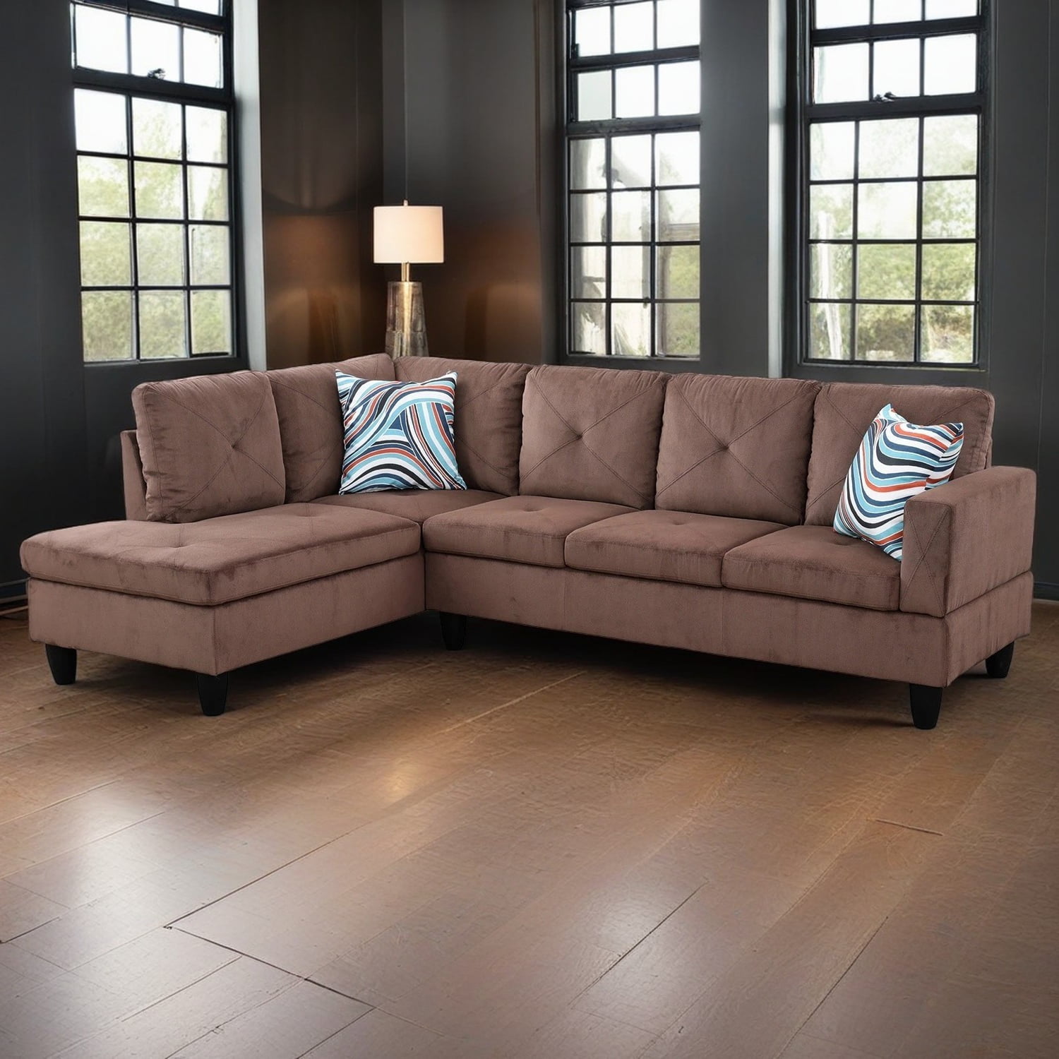 Hommoo Corduroy 4-Seat L-Shape Sectional Couch Sofa, Living Room Furniture Sets, Brown(No Ottoman)
