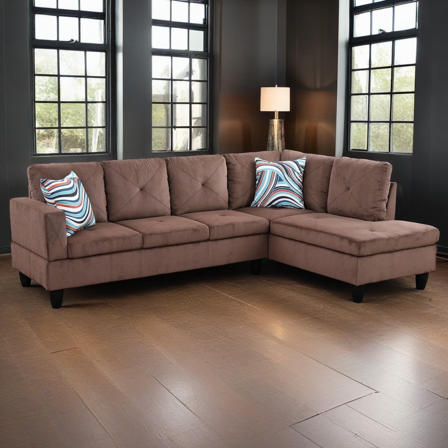 Hommoo Corduroy Living Room Furniture Sets, 4-Seat L-Shape Sectional Couch Sofa, Brown(No Ottoman)