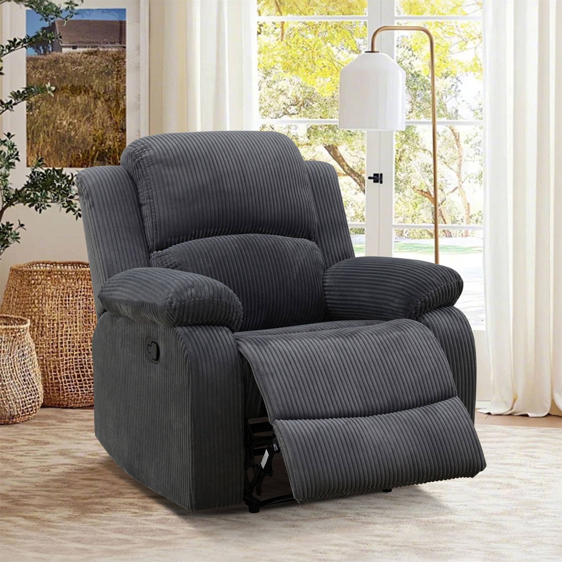 Hommoo Corduroy Manual Recliner Chairs for Living Room & Home Theater, Reclining Lounge Chair 160° Recline, Dark Grey