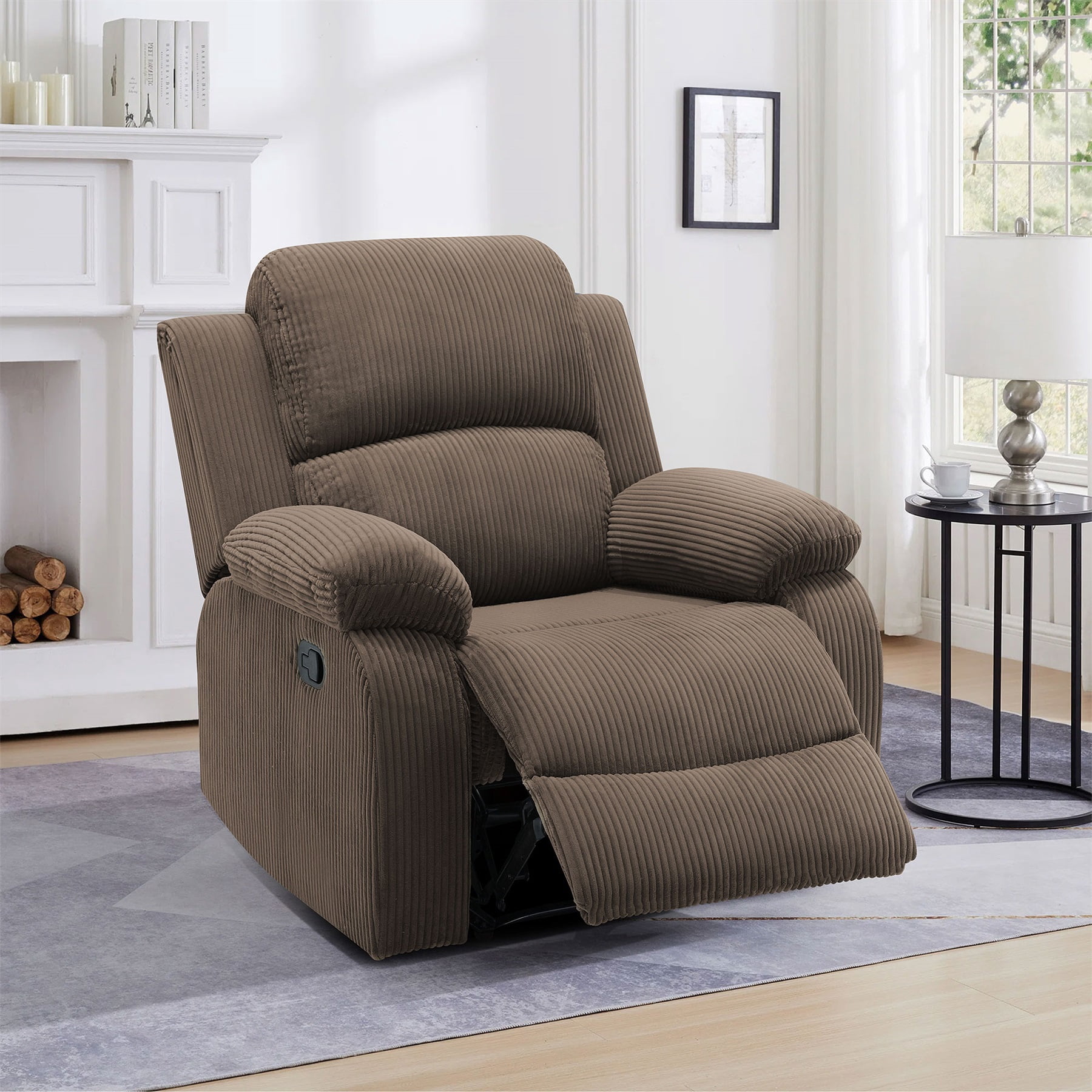 Hommoo Corduroy Stripe Fabric Manual Recliner Chairs for Living Room & Home Theater, Reclining Lounge Chair 160° Recline, Peanut Color