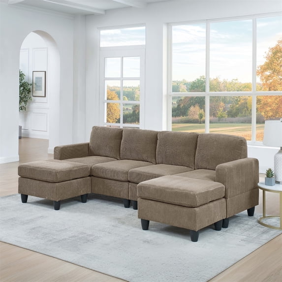 Hommoo Corduroy U shape Modular 4-Seat Sectional Sofa with Movable Ottoman, Living Room Furniture Set for Home, Camel