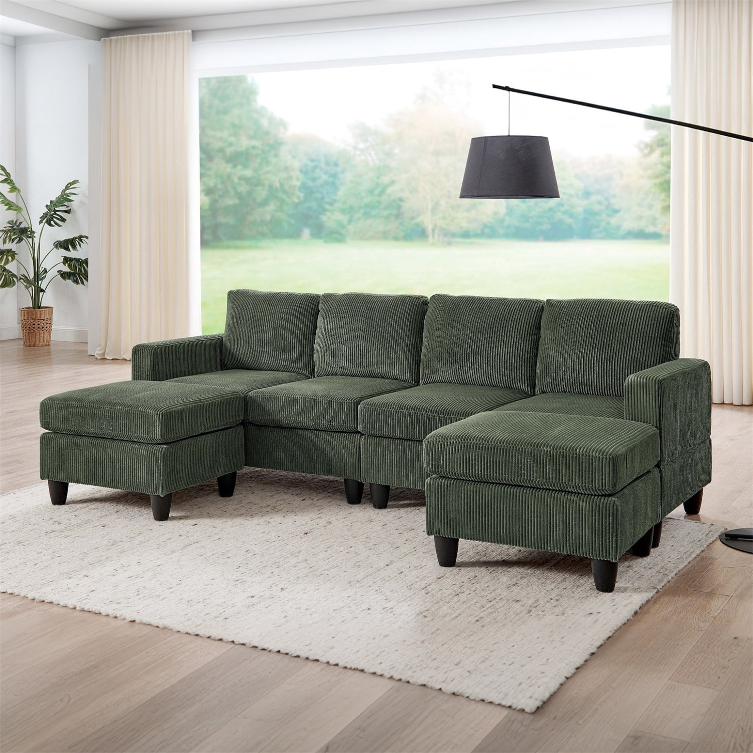 Hommoo Corduroy U shape Modular 4-Seat Sectional Sofa with Movable Ottoman, Living Room Furniture Set for Home, Green
