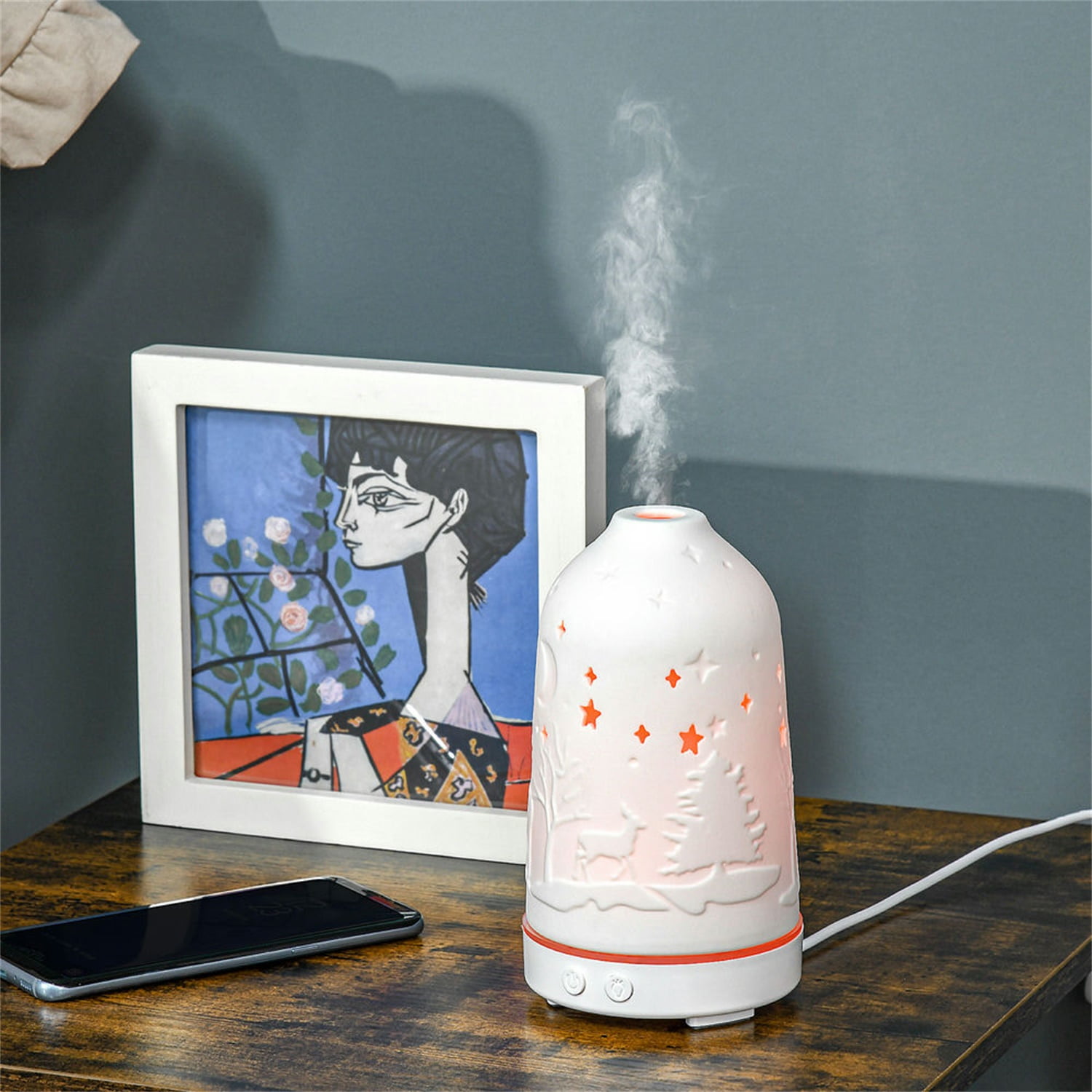 Hommoo Decorations,100ml Ultrasonic Aromatherapy Diffuser, Essential Oils Humidifier with Ceramic Cover, 7 Colors LED Lights, White