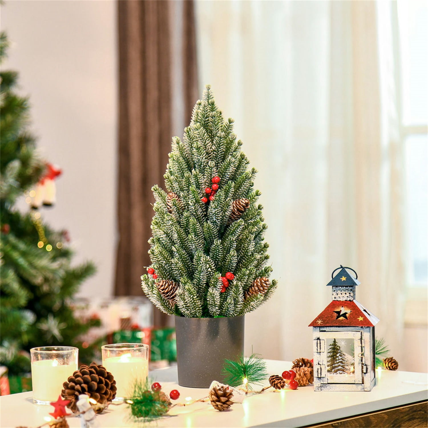 Hommoo Decorations,18" Tall Unlit Miniature Snow-Flocked Tabletop Artificial Christmas Tree, Holiday Decoration with Pine Cones and Berries,Green