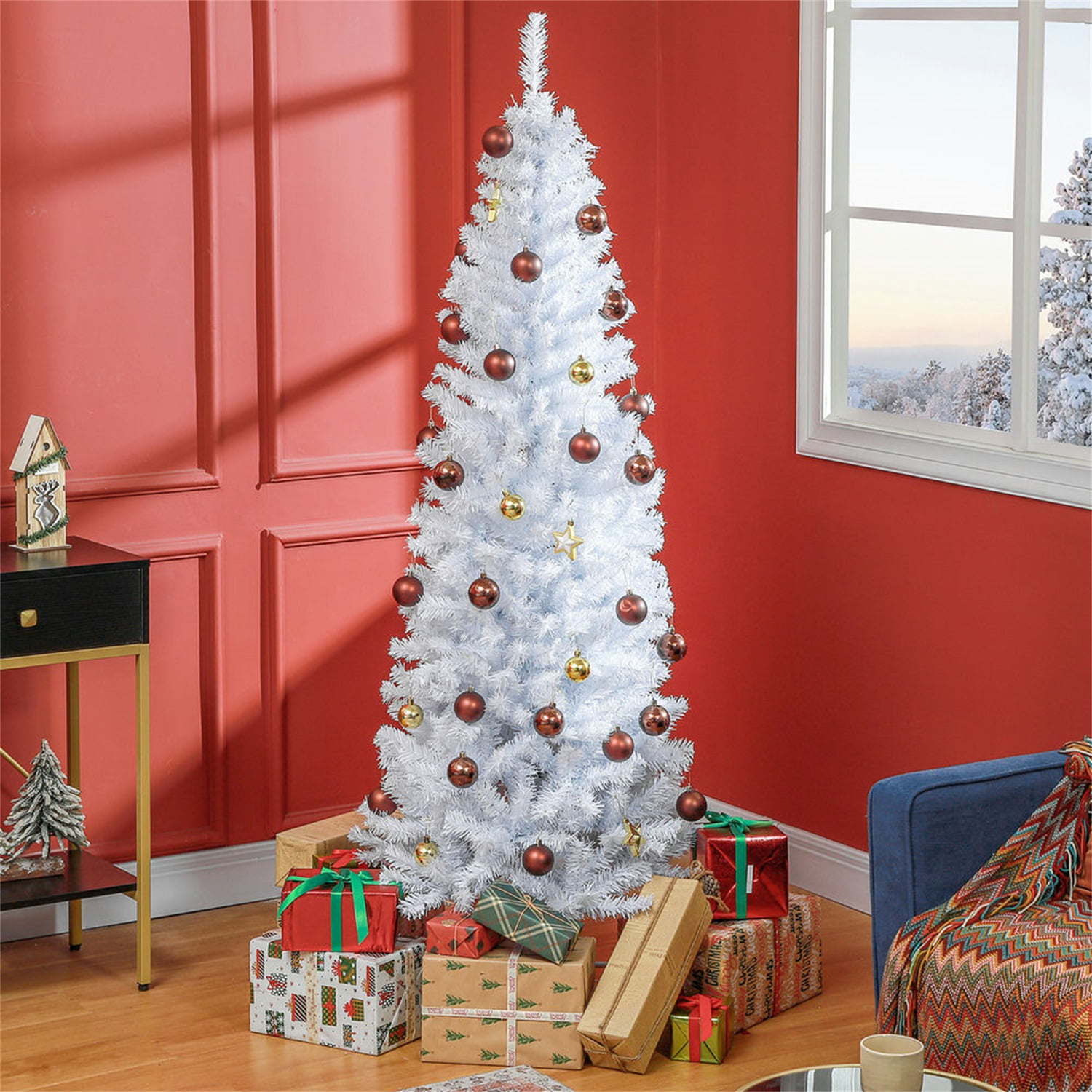 Hommoo Decorations,6ft Pencil Christmas Tree, Unlit Artificial Christmas Tree Slim Douglas Fir Xmas Tree with Realistic Branches, Halloween Tree with 618 Tips,White