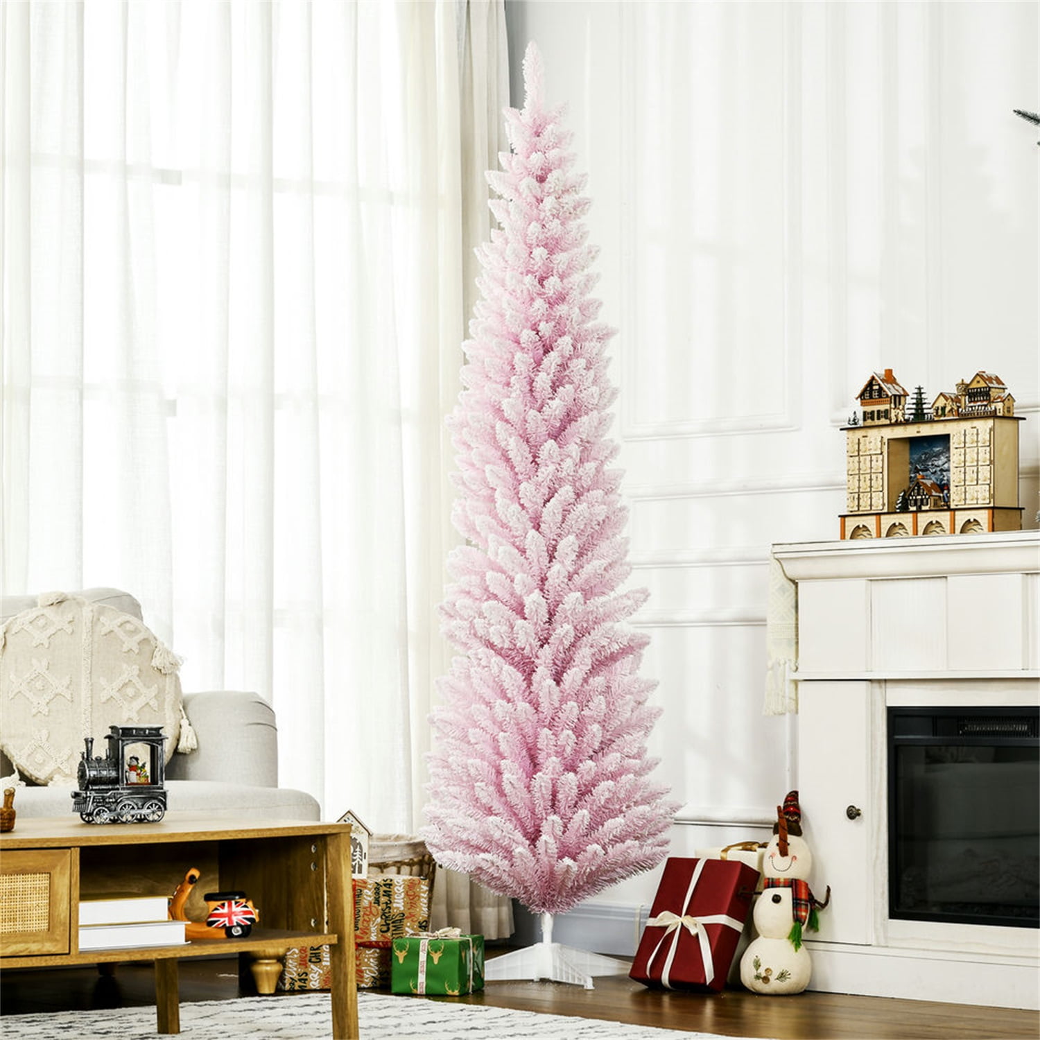 Hommoo Decorations,7' Snow Flocked Artificial Pencil Christmas Tree, Slim Xmas Tree with Realistic Branches and Plastic Base Stand for Indoor Decoration,Pink