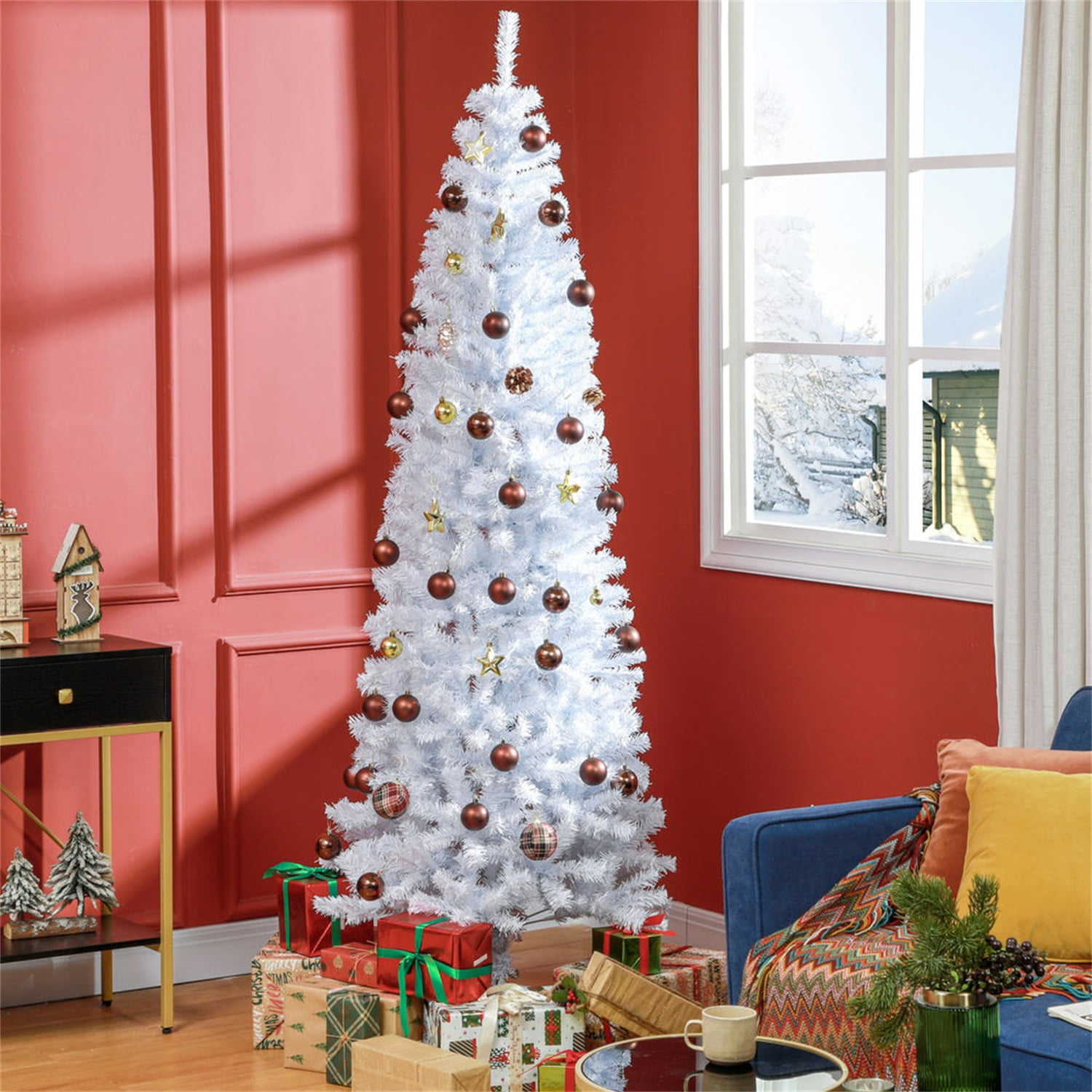 Hommoo Decorations,7ft Pencil Christmas Tree, Unlit Artificial Christmas Tree Slim Douglas Fir Xmas Tree with Realistic Branches, Halloween Tree with 818 Tips, White