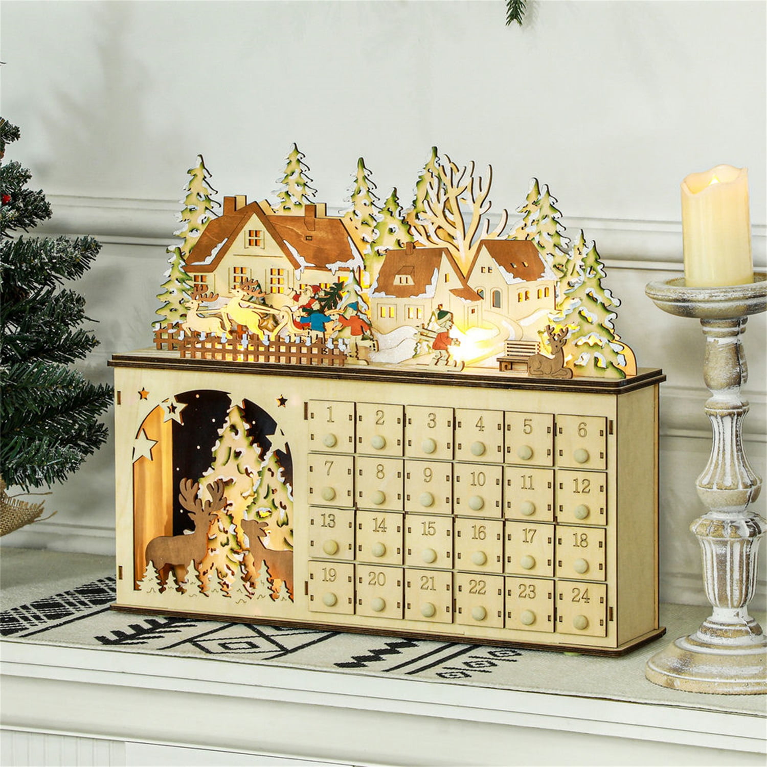 Hommoo Decorations,Christmas Advent Calendar, Light Up Wooden Countdown Calendar with 24 Drawers and LED Lights for Kids and Adults, Battery Operated, Natural