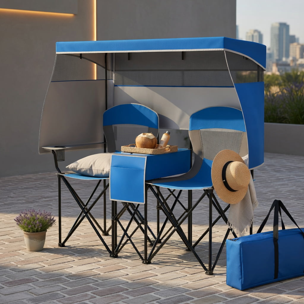 Hommoo Double Beach Chair with Adjustable UPF50+ Canopy, 3-Side Roll-Up Shade Curtains, Built-in Cooler Bag & Mesh Ventilation, Navy