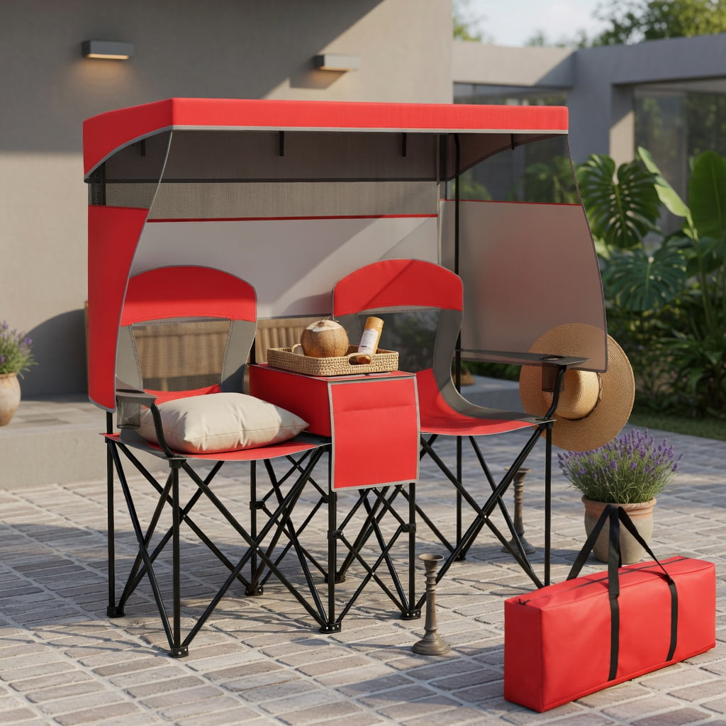 Hommoo Double Beach Chair with Adjustable UPF50+ Canopy, 3-Side Roll-Up Shade Curtains, Built-in Cooler Bag & Mesh Ventilation, Red