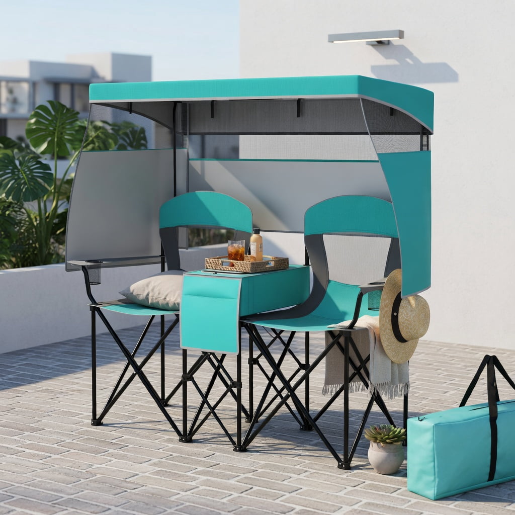Hommoo Double Beach Chair with Adjustable UPF50+ Canopy, 3-Side Roll-Up Shade Curtains, Built-in Cooler Bag & Mesh Ventilation, Turquoise