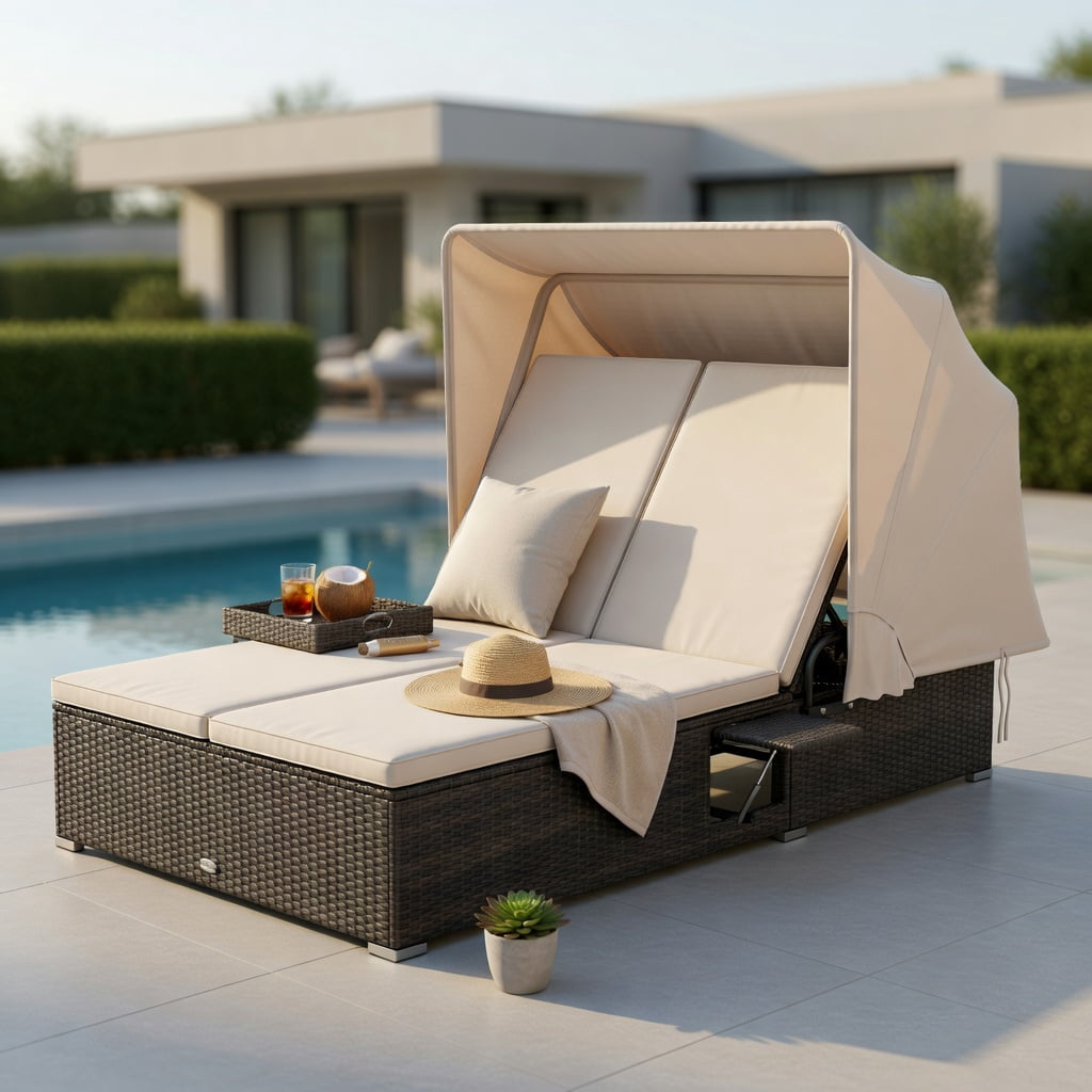 Hommoo Double Chaise Lounge with Adjustable Backrest, Retractable Canopy & Folding Side Tables, PE Rattan Patio Lounger for Backyard, Poolside & Deck, Brown