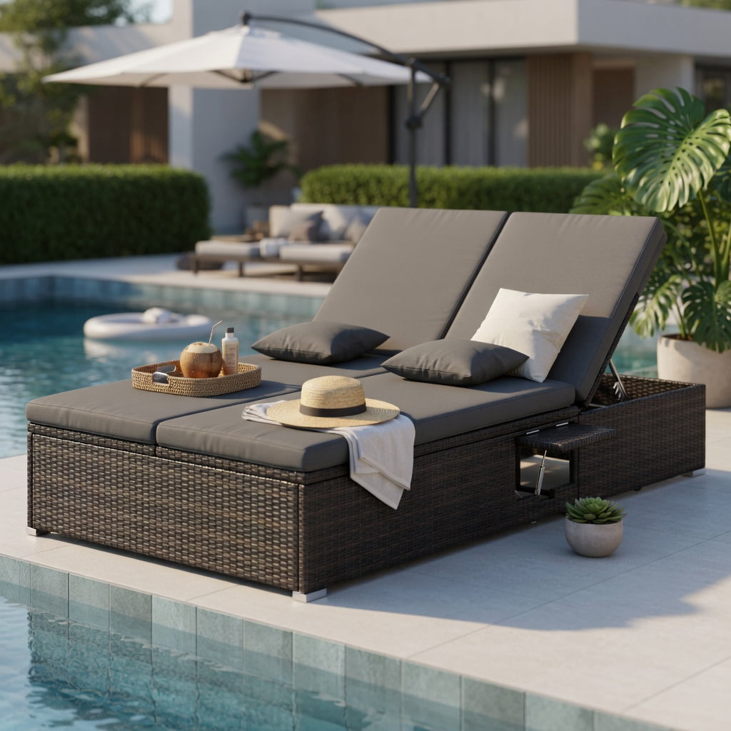 Hommoo Double Chaise Lounge Chair with Adjustable Backrest, PE Rattan Outdoor Patio Lounger Set, Folding Side Tables, Gray