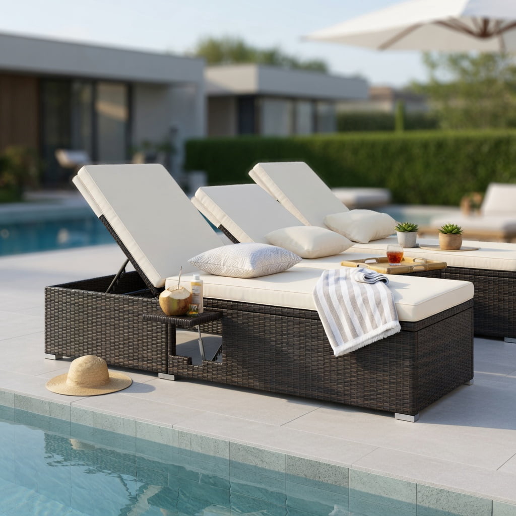 Hommoo Double Chaise Lounge with Adjustable Backrest, PE Rattan Outdoor Patio Lounger for Backyard, Poolside & Deck, Brown