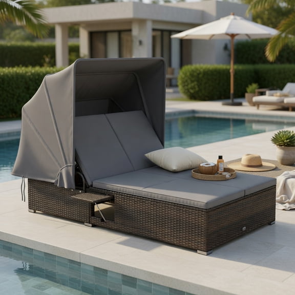 Hommoo Double Chaise Lounge with Adjustable Backrest, Retractable Canopy & Folding Side Tables, PE Rattan Outdoor Patio Lounger for 2, Gray