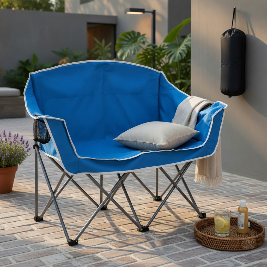 Hommoo Duo Portable Oversized Camping Loveseat Chair with Armrests, Dual Mesh Cup Holders & Heavy-Duty Steel Frame, Blue