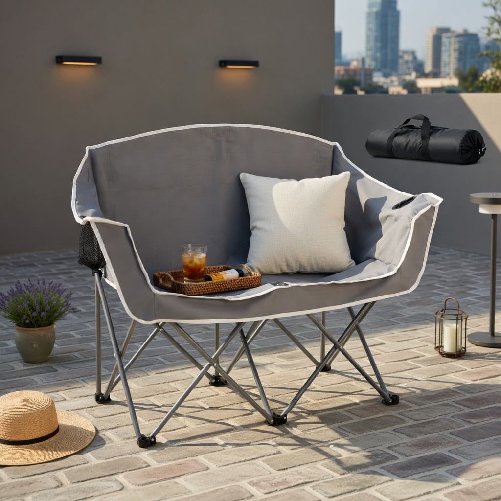 Hommoo Duo Portable Oversized Camping Loveseat Chair with Armrests, Dual Mesh Cup Holders & Heavy-Duty Steel Frame, Gray
