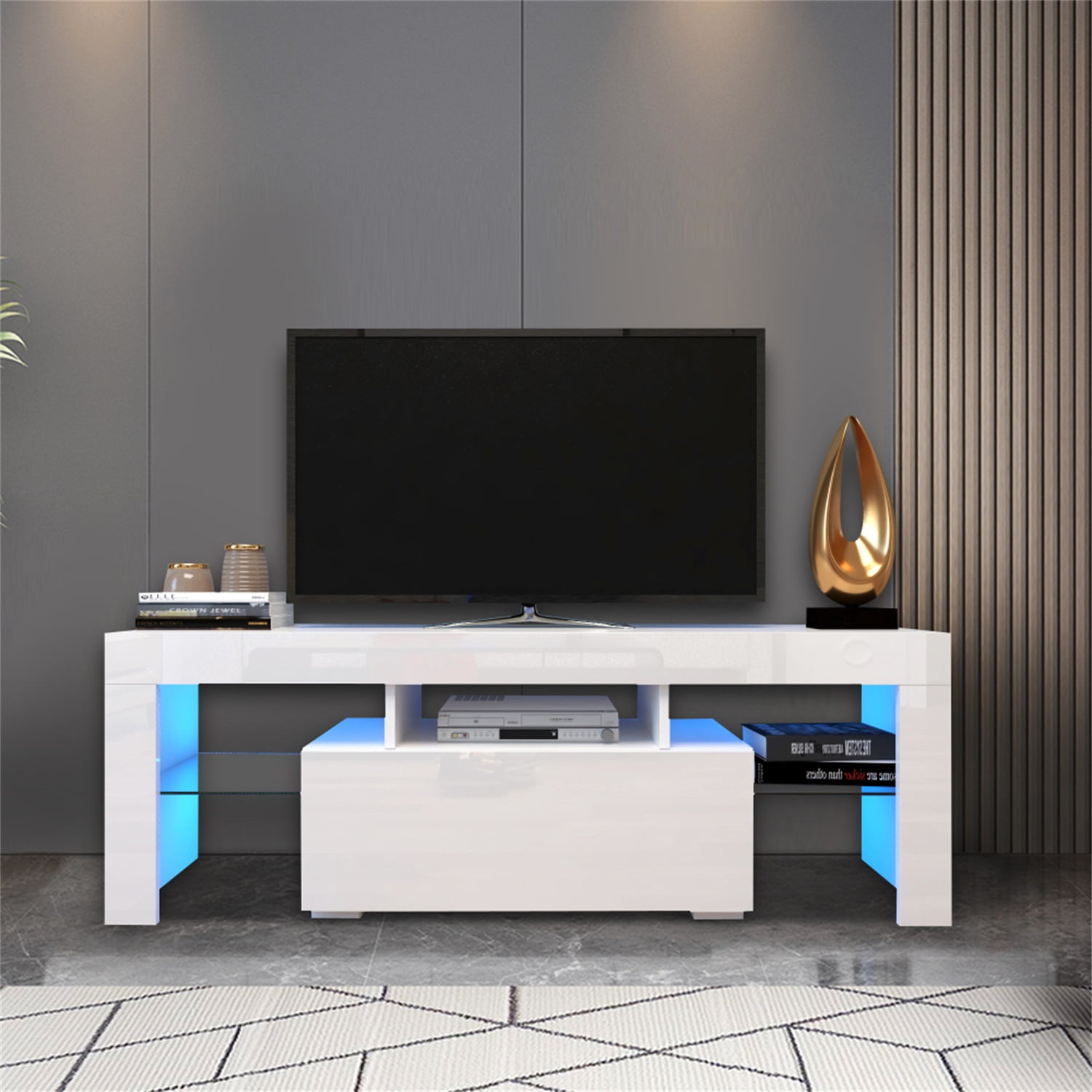 Hommoo Entertainment Center TV Stand, MDF TV Console with LED Light, Modern High-Gloss TV Cabinet for TVs up to 55", White