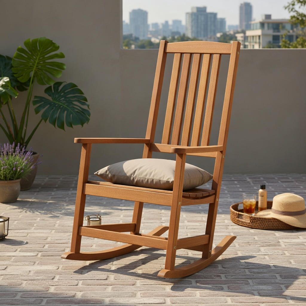 Hommoo Ergonomic Hardwood Patio Rocking Chair, High-Back Outdoor Rocker with Smooth Rocking Base for Backyard, Porch & Balcony, Natural