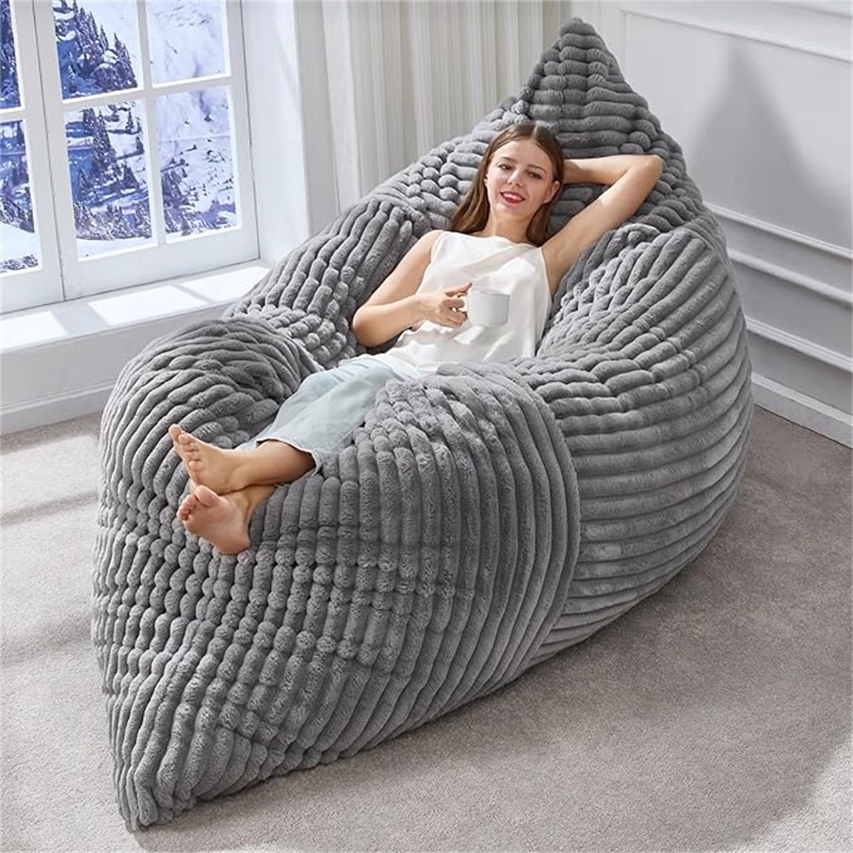 Hommoo Ergonomic Striped Bean Bag Chair, Floor Lounger with Machine-Washable Corduroy Cover, Full-Body Relaxation Sofa for Home, Light Grey