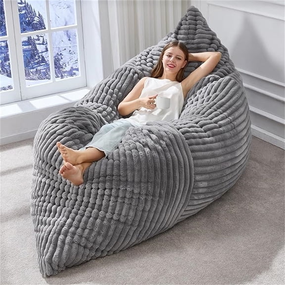 Hommoo Ergonomic Striped Bean Bag Chair, Floor Lounger with Machine-Washable Corduroy Cover, Full-Body Relaxation Sofa for Home, Light Grey