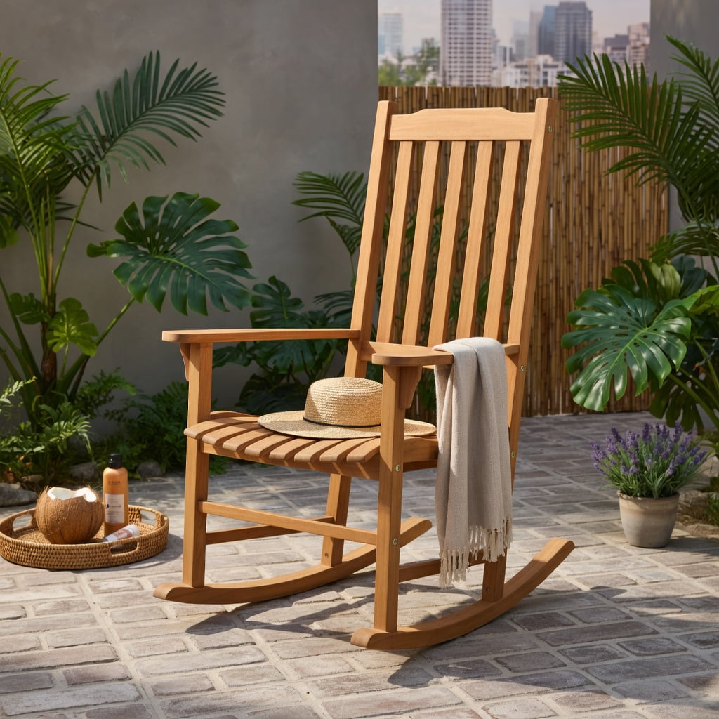 Hommoo Eucalyptus Outdoor Rocking Chair, Single Patio Rocker for Deck, Garden & Backyard, All-Weather Resistant, Easy Assembly, Natural