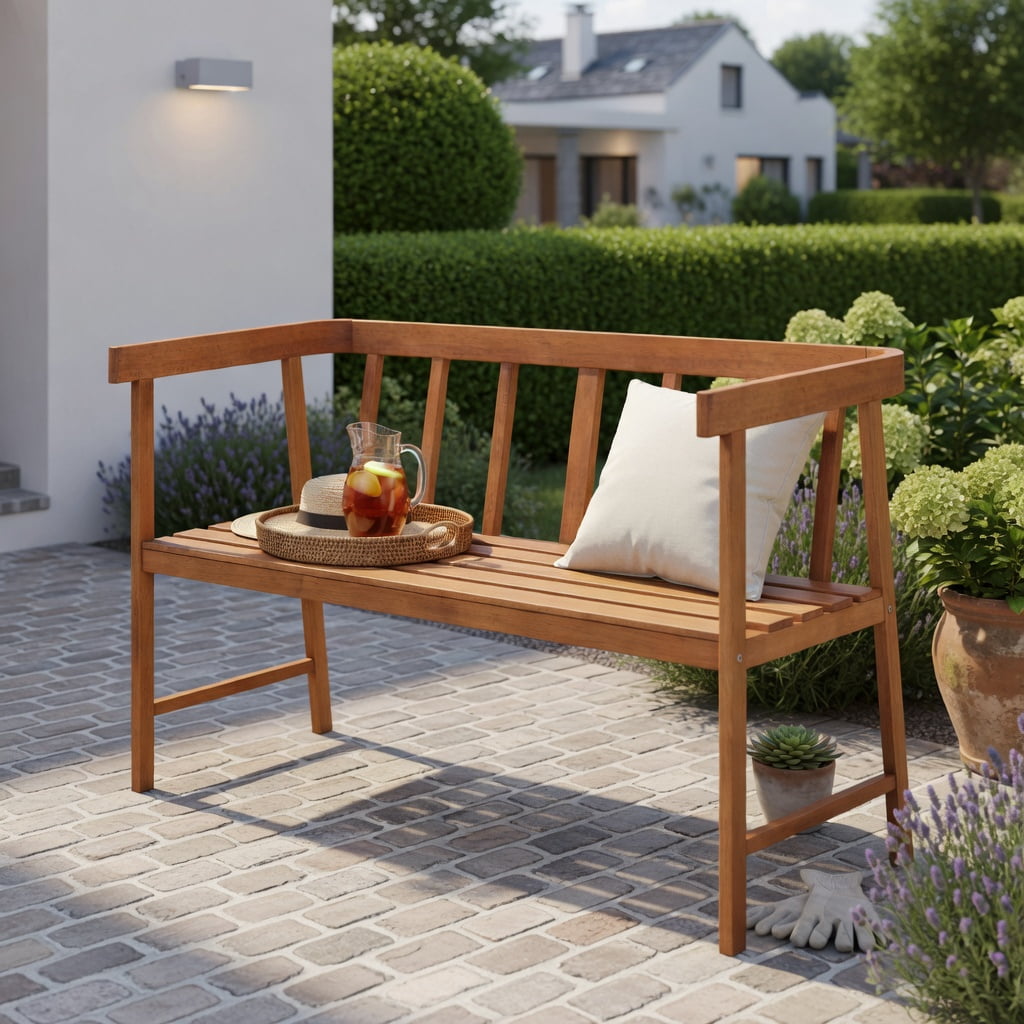 Hommoo Eucalyptus Wood Outdoor Bench with Backrest & Armrests, 2-Person Garden Patio Bench, Natural