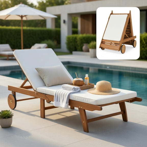 Hommoo Eucalyptus Wood Outdoor Chaise Lounge Chair with Cushion, 5-Position Reclining Patio Lounger, Foldable & Wheeled for Poolside, Garden & Deck, White