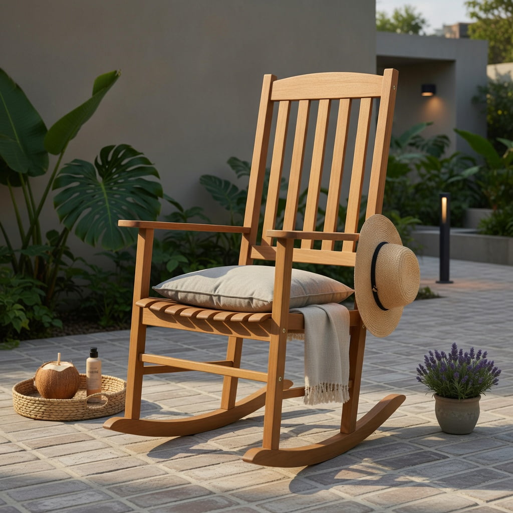 Hommoo Eucalyptus Wood Rocking Chair for Outdoor Use, Garden Rocker with Stable Rocking Base, Breathable Slatted Seat, Natural