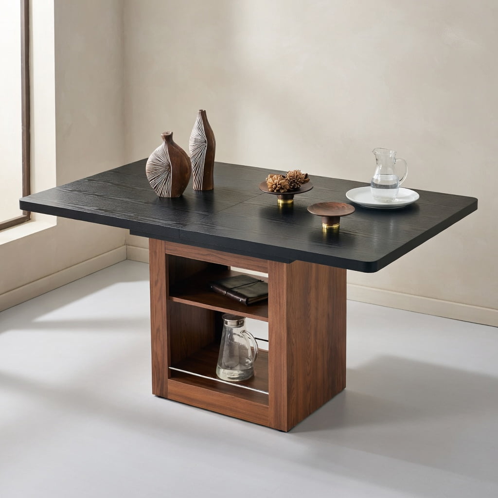 Hommoo Expandable Dining Table with Storage, 59-71" Rectangular Pull-Out Table for 4-8 People, MDF + Metal Frame, Modern Space-Saving Kitchen/Dining Room Furniture, Black & Walnut
