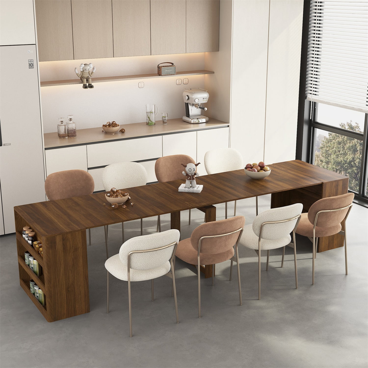 Hommoo Extendable Foldable Dining Table for 1-10 People, Multifunctional Wooden Rectangle Expandable Console Table with Storage Shelf, for Kitchen Living Meeting Room, Brown