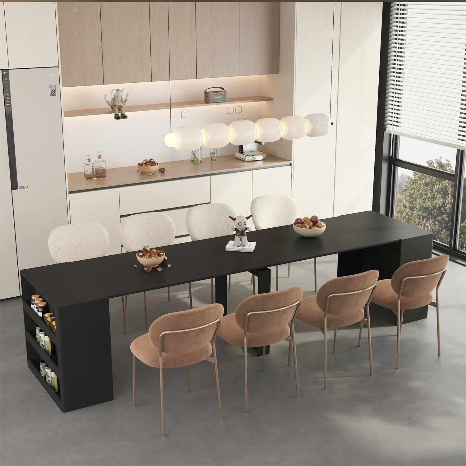 Hommoo Extendable Foldable Dining Table for 1-10 People, Multifunctional Wooden Rectangle Expandable Console Table with Storage Shelf, for Kitchen Living Meeting Room, Black