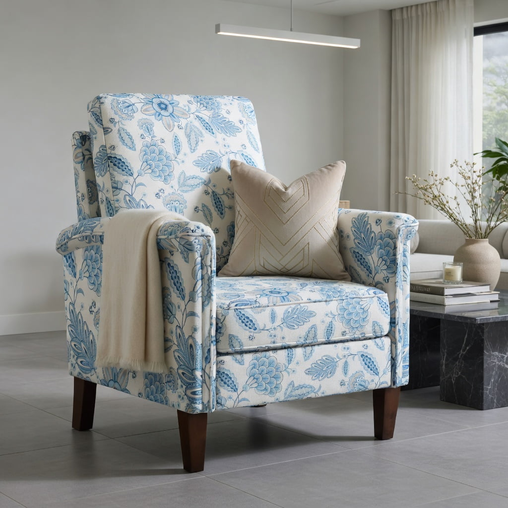 Hommoo Farmhouse Boho Accent Chair with Solid Rubber Wood Legs, High-Back Linen Upholstery, Ergonomic Design, Living Room, Bedroom, Blue