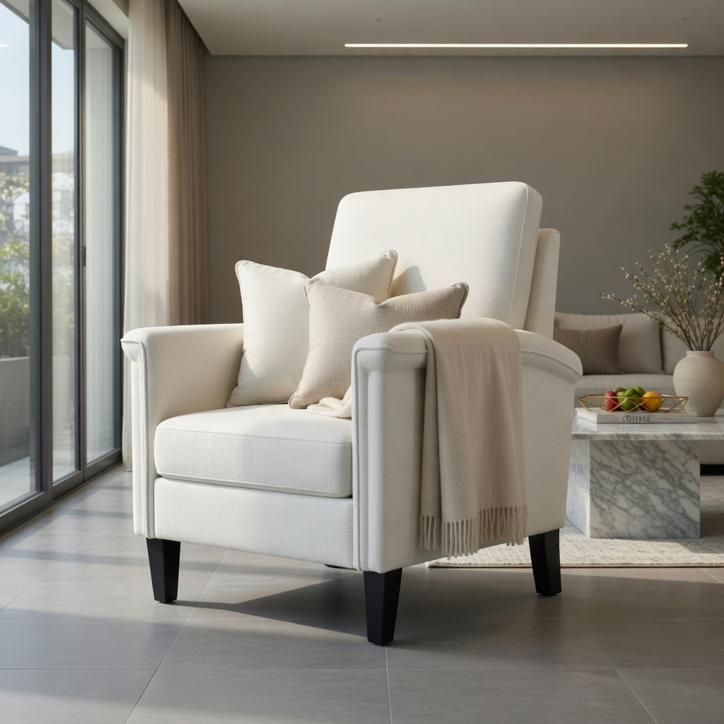 Hommoo Farmhouse Boho Floral Accent Chair, High-Back Linen Armchair with Solid Rubber Wood Legs, 400 lb Capacity, Beige