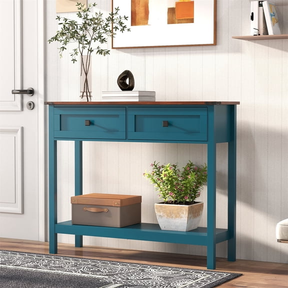 Hommoo Farmhouse Console Table with 2 Storage Drawer and Open Storage Shelf, Rustic Entryway Table for Home, Blue