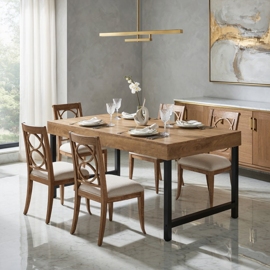 Hommoo Farmhouse Dining Table 55 Inch Rectangular Kitchen Table for 4-6 People, with Metal Legs, Sturdy MDF Top, Easy Assembly, Rustic Brown