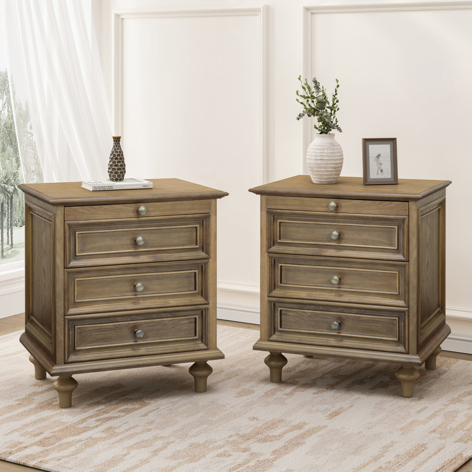 Hommoo Farmhouse Wood 4-Drawer Nightstands Set of 2, Large End Table Bedside Table Set with Solid Wood Feet and Metal Handle, for Living Room,Bedroom,Office, Light Brown