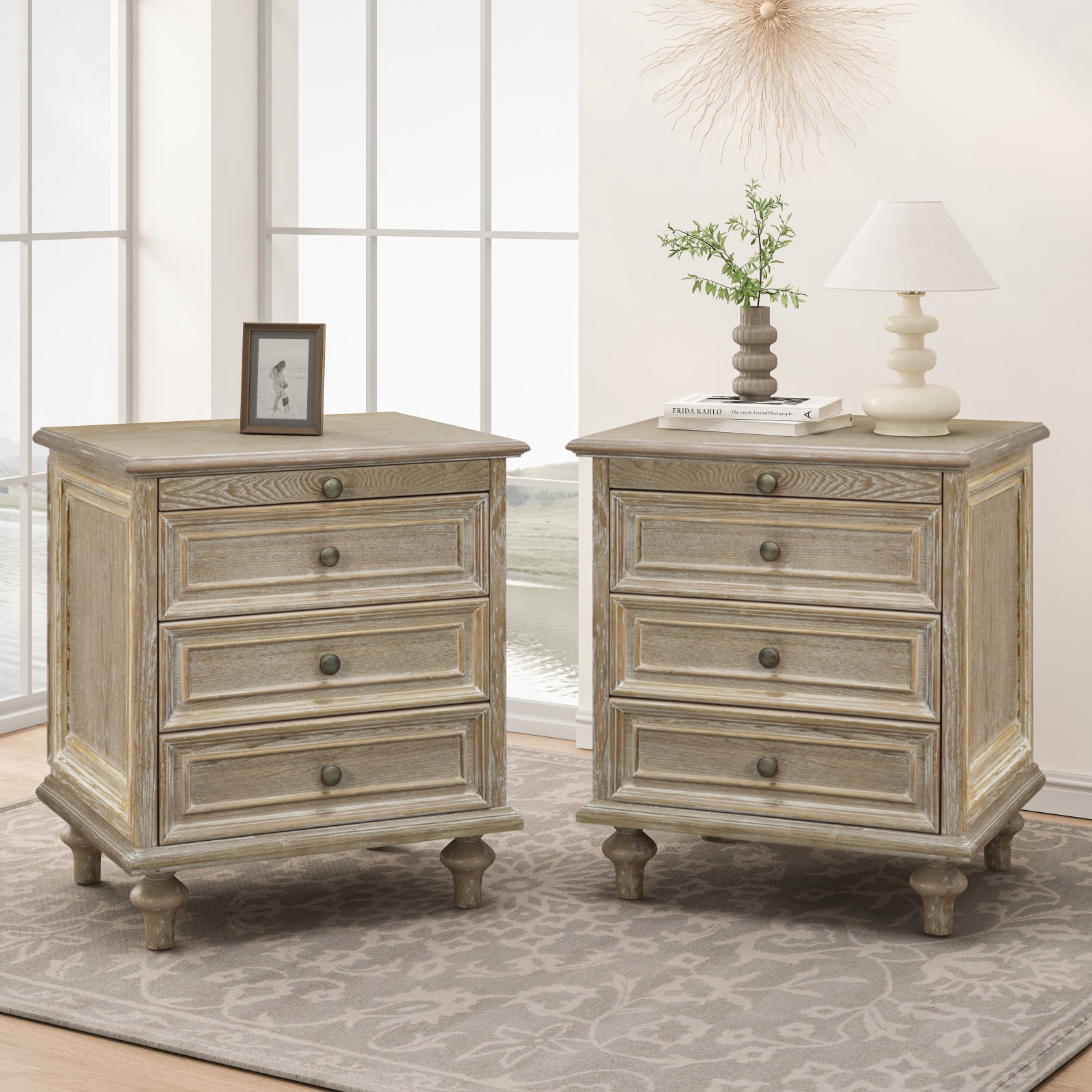 Hommoo Farmhouse Wood 4-Drawer Nightstands Set of 2, Large End Table Bedside Table Set with Solid Wood Feet and Metal Handle, for Living Room,Bedroom,Office, Natural