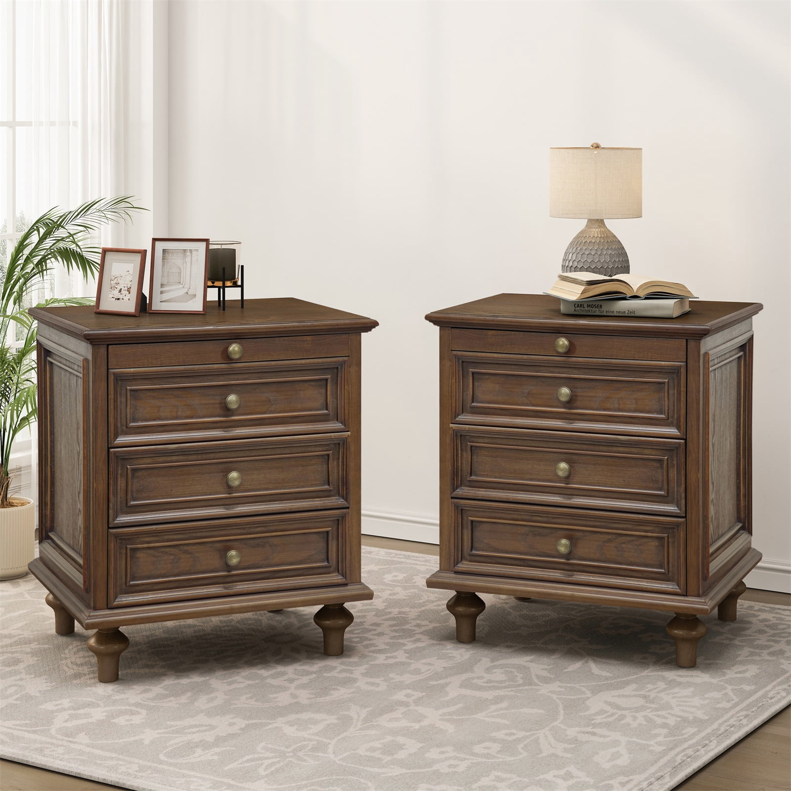 Hommoo Farmhouse Wood 4-Drawer Nightstands Set of 2, Large End Table Bedside Table Set with Solid Wood Feet and Metal Handle, for Living Room,Bedroom,Office, Walnut Brown