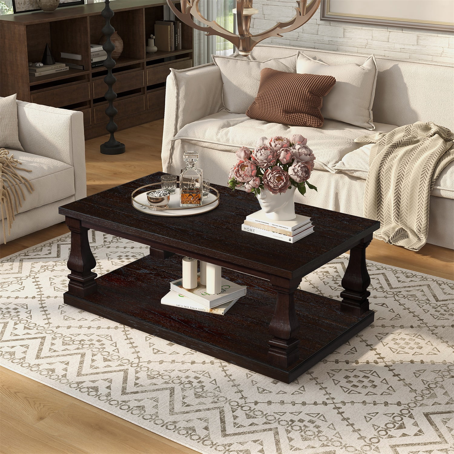 Hommoo Farmhouse Wood Coffee Table 46 Inch Rectangular with Open Shelf Storage, Rustic Living Room Center Table, Espresso