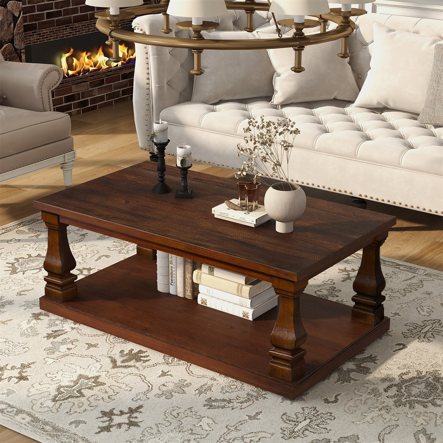 Hommoo Farmhouse Wood Coffee Table 46 Inch Rectangular with Open Shelf Storage, Rustic Living Room Center Table, Walnut