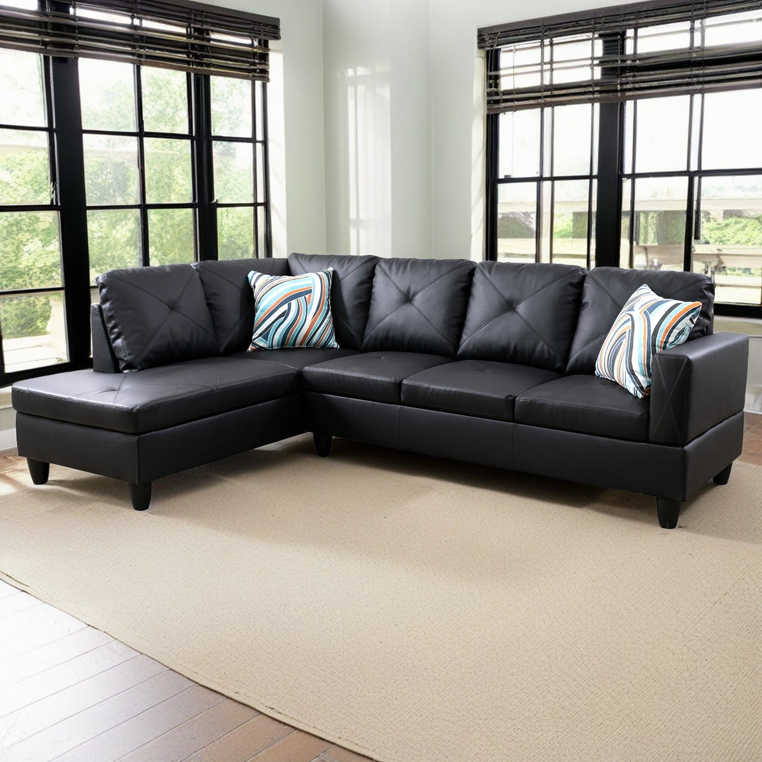 Hommoo Faux Leather 3-Piece Couch Living Room Sofa Set, L Shaped Couch for Small Space, Black(No Ottoman)