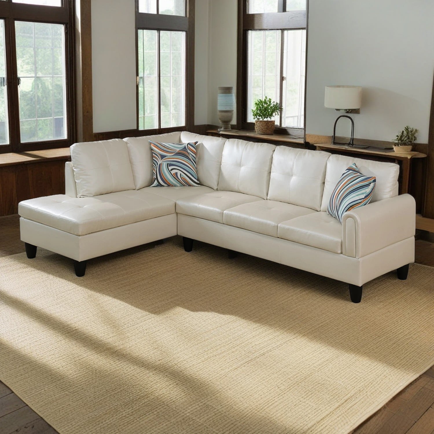 Hommoo Faux Leather 4-Seat Couch, L Shaped Sectional Couches and Sofas, Modern Living Room Furniture Sets Sectional Sofa Set, Peaerl White(No Ottoman)