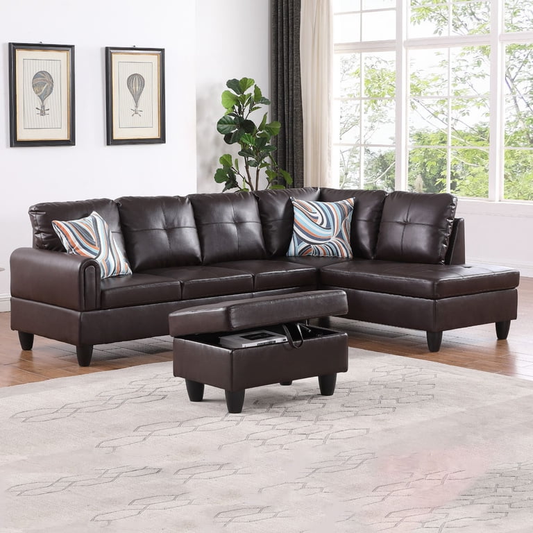 Hommoo Faux Leather 4-Seat Couch, L Shaped Sectional Couches and Sofas, Modern Living Room Furniture Sets Sectional Sofa Set, Brown(No Ottoman)