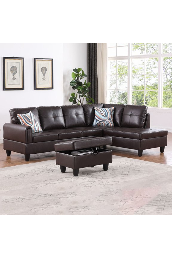 Faux Leather 4-Seat Couch, L Shaped Sectional Couches and Sofas, Modern Living Room Furniture Sets Sectional Sofa Set, Brown(No Ottoman)