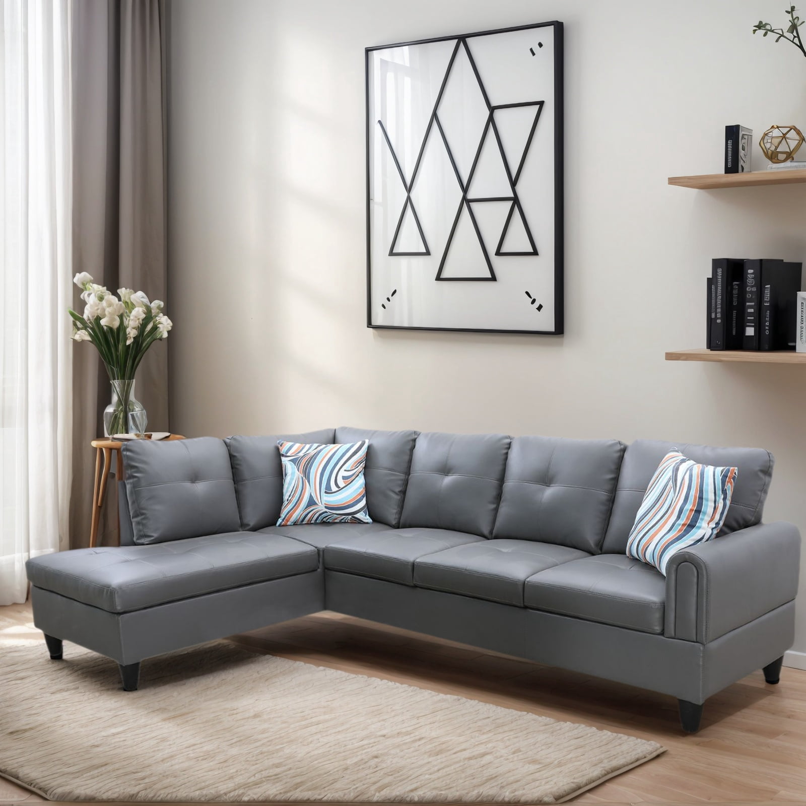 Hommoo Faux Leather 4-Seat Couch, L Shaped Sectional Couches and Sofas, Modern Living Room Furniture Sets Sectional Sofa Set, Dark Grey(No Ottoman)