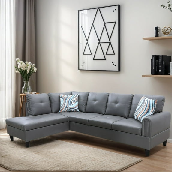 Hommoo Faux Leather 4-Seat Couch, L Shaped Sectional Couches and Sofas, Modern Living Room Furniture Sets Sectional Sofa Set, Dark Grey(No Ottoman)