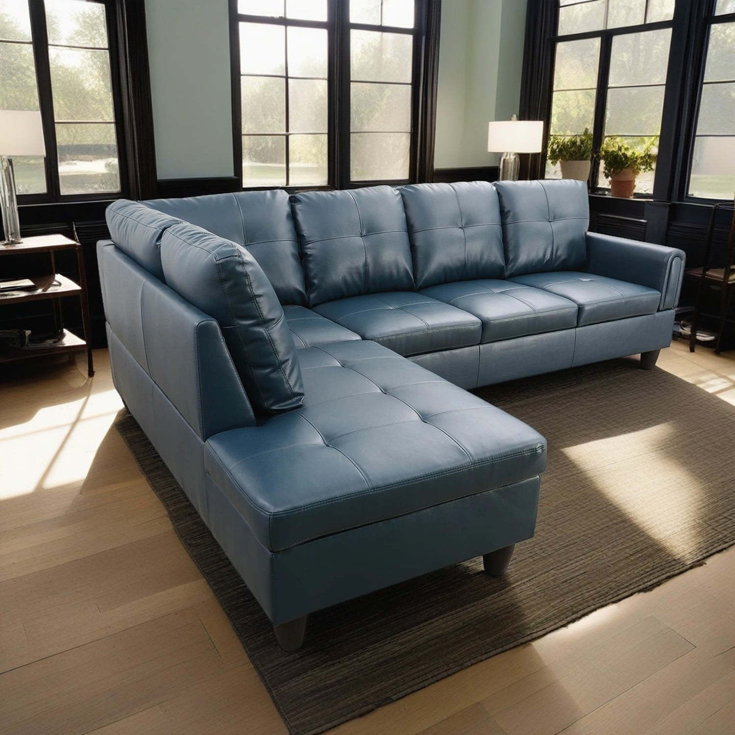 Hommoo Faux Leather 4-Seat Couch, L Shaped Sectional Couches and Sofas, Modern Living Room Furniture Sets Sectional Sofa Set, Denim(No Ottoman)