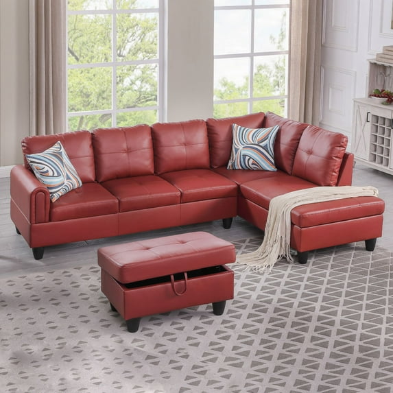 Hommoo Faux Leather 4-Seat Couch, L Shaped Sectional Couches and Sofas, Modern Living Room Furniture Sets Sectional Sofa Set, Red(No Ottoman)
