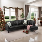 Hommoo 4-Seat Faux Leather Sectional Sofa Couch with Chaise Lounge, L Shaped Sofa Set living room furniture Sofa sets for Home, No Ottoman, Black